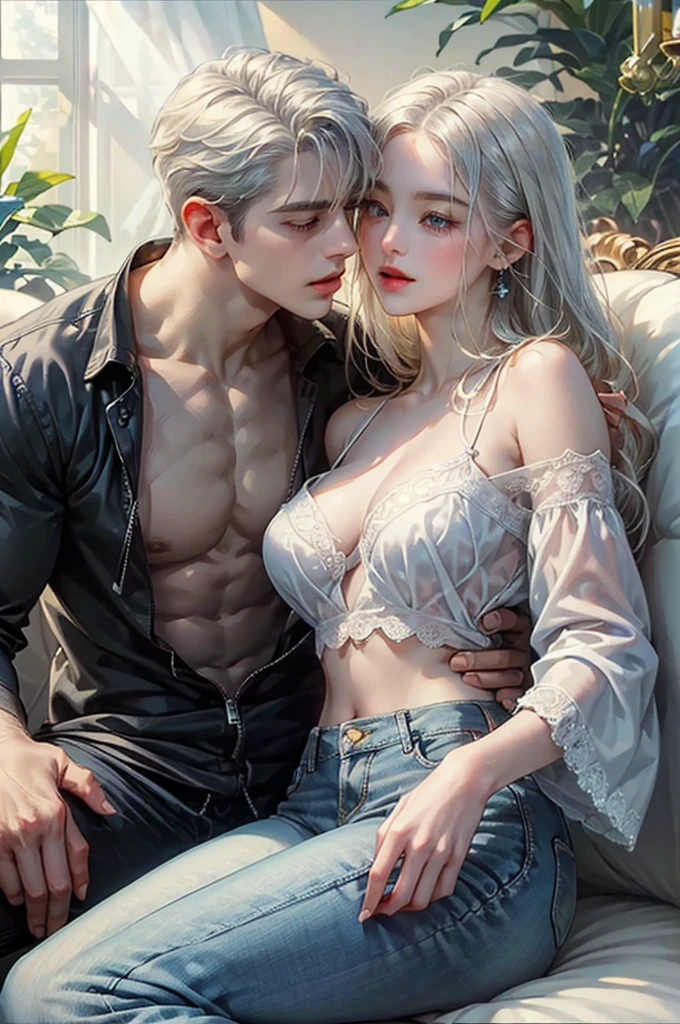 Young girl with long black hair wear a bra sitting on lap of young boy with white hair shirtless and wearing jeans who is sitting on a chair, lips touching, making out, passionately, dim lighting, lustful, realistic soft smooth skin 