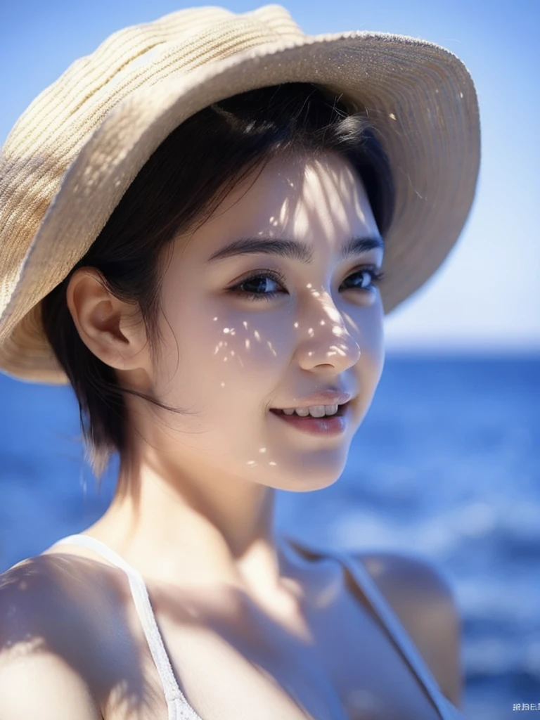 Clothed, (Photorealistic: 1.4), (Ultra-realistic: 1.4), (Realistic: 1.3), (Smoother lighting: 1.05), (Improved cinematic lighting quality: 0.9), 32K, 1 girl, 20 year old girl, Realistic lighting, Backlight, Light on face, Ray tracing, (Bright light: 1.2), (Improved quality: 1.4), (Best quality realistic textured skin: 1.4), Detailed eyes, Detailed face, Detailed eyes, (Tired, Sleepy, Satisfied: 0.0), Close up of face, Big breasts, T-shirt, (Focus on body line mood: 1.1), (Focus on skin texture beauty: 1.1) Short hair, Black hair, Summer sea background, Bright smile, Light skin, White skin