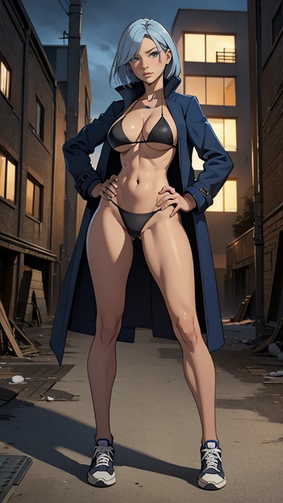 Masterpiece, best quality, Masterpiece, best quality, 1 woman , blue eyes , Blue Bob , coat , sly face , cold , black bikini , abdomen, big breasts , Long legs , canvas shoes , Put your hands on your hips.. , abandoned factory , at night