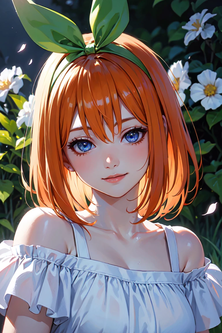 Best quality, masterpiece, ultra high res, (photorealistic:1.4), raw photo, 1girl, white dress, off shoulder, blossom flower field, glowing skin, light smile, yotsuba nakano, orangw hair, shoulder length orange hair, blue eyes, green ribbon