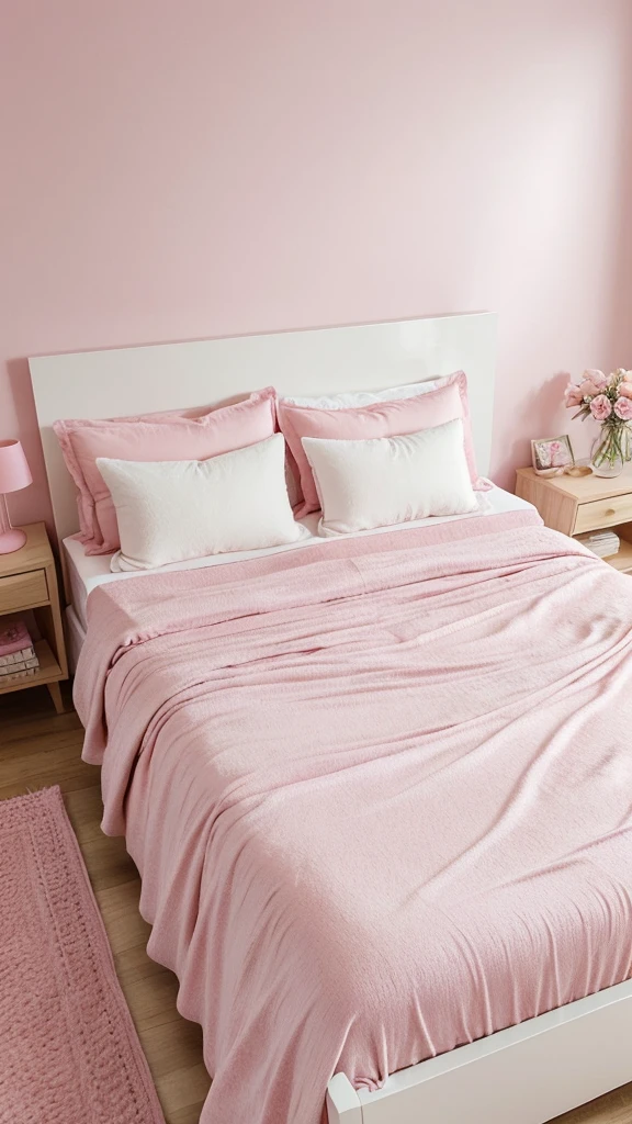Capture the essence of soft pink aesthetics with a mood board featuring four harmonious images.A close-up of dusty pink cozy aesthetic room exuding warmth and comfort.A fresh bouquet of delicate pink tulips wrapped in clear cellophane, held outdoors on a sunny day, evoking a senseof  illustrating a trendy and casual look.A cozy bedroom scene with a plush pink cat pillow on a neatly made bed, complemented by a pot of pink flowers on a bedside table, creating an inviting and serene atmosphere.Describe the mood, colors, and textures that tie these images together, emphasizing the soft, pastel pink theme that brings a sense of calm and sweetness to each scene."