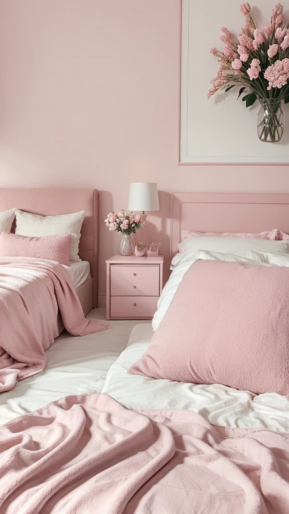 Capture the essence of soft pink aesthetics with a mood board featuring four harmonious images.A close-up of dusty pink cozy aesthetic room exuding warmth and comfort.A fresh bouquet of delicate pink tulips wrapped in clear cellophane, held outdoors on a sunny day, evoking a senseof illustrating a trendy and casual look.A cozy bedroom scene with a plush pink cat pillow on a neatly made bed, complemented by a pot of pink flowers on a bedside table, creating an inviting and serene atmosphere.Describe the mood, colors, and textures that tie these images together, emphasizing the soft, pastel pink theme that brings a sense of calm and sweetness to each scene."