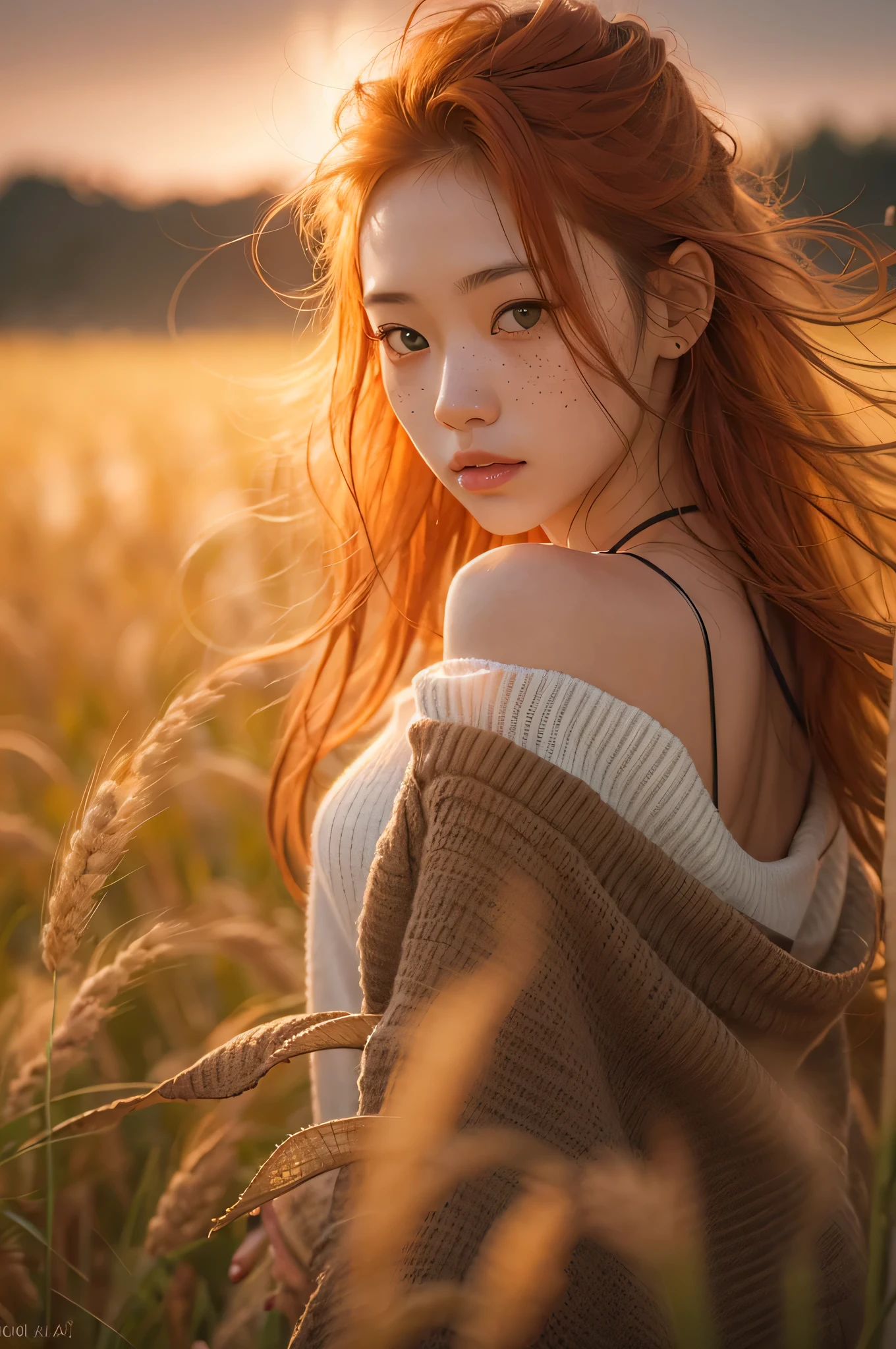 1girl, asian girl, belviso, long hair, light freckles, lips, looking at viewer, messy hair, orange hair, green eyes, loose white knitted shirt, off shoulder.
half body shot, realistic, solo, teeth.
Walking through a wheat field. Dramatic sunset, lens flare, blurry background, blurry foreground, shallow depth of field.
golden hour.