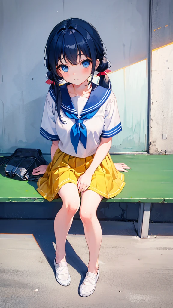 A girl with blue eyes and hair in pigtails with soft yellow color with the tips of the hair subtly with red color, school mini skirt, , bright Eyes, Beautiful smile, sitting at a desk with legs crossed, camera perspective from below, A girl, cute feet, beautiful legs, Details HD, super detailed, white skin color with blushing cheeks