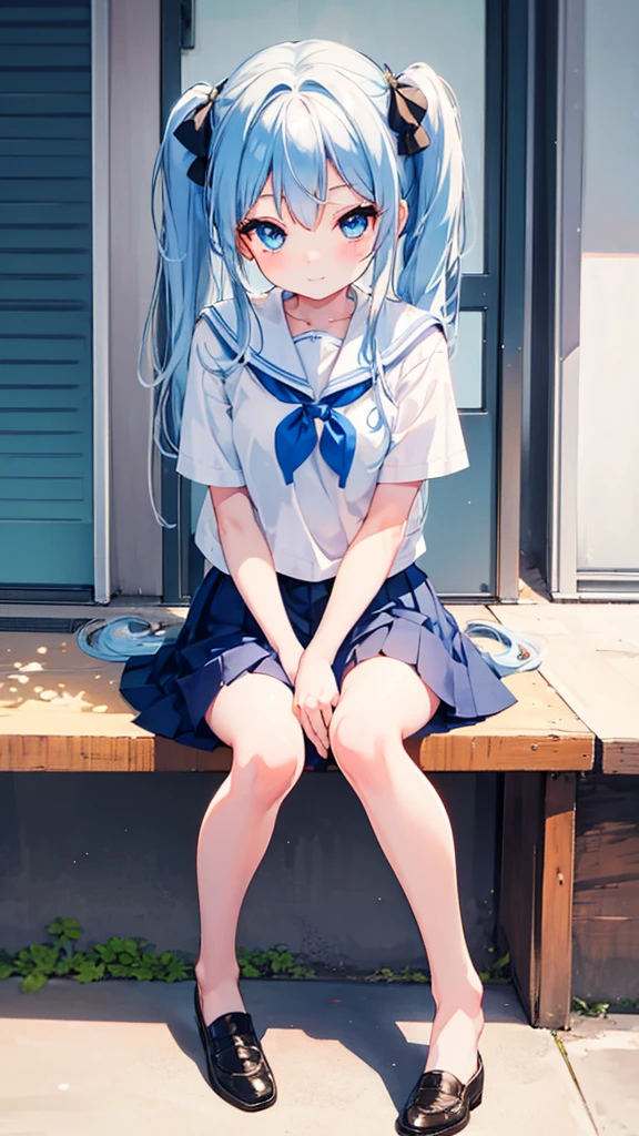 A girl with blue eyes and hair in pigtails with soft yellow color with the tips of the hair subtly with red color, school mini skirt, , bright Eyes, Beautiful smile, sitting at a desk with legs crossed, camera perspective from below, A girl, cute feet, beautiful legs, Details HD, super detailed, white skin color with blushing cheeks