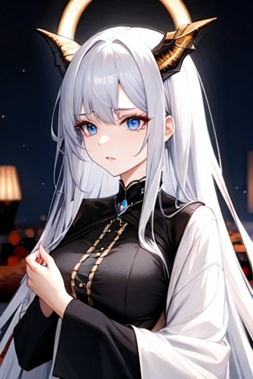 1 serious adult woman with pale hair,blue eyes, Long white hair, dragon horns, furry dragon tail, with white formal suit