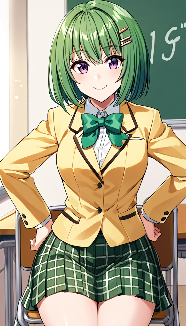 score_9, score_8_up, score_7_up, score_6_up, source_anime, BREAK tlrharuna, medium hair, hairclip, sitting on chair,1girl, solo, green bowtie, blazer, yellow jacket, long sleeves, plaid skirt, green skirt, put hands on hip,cowboy shot, smile, closed mouth,in classroom