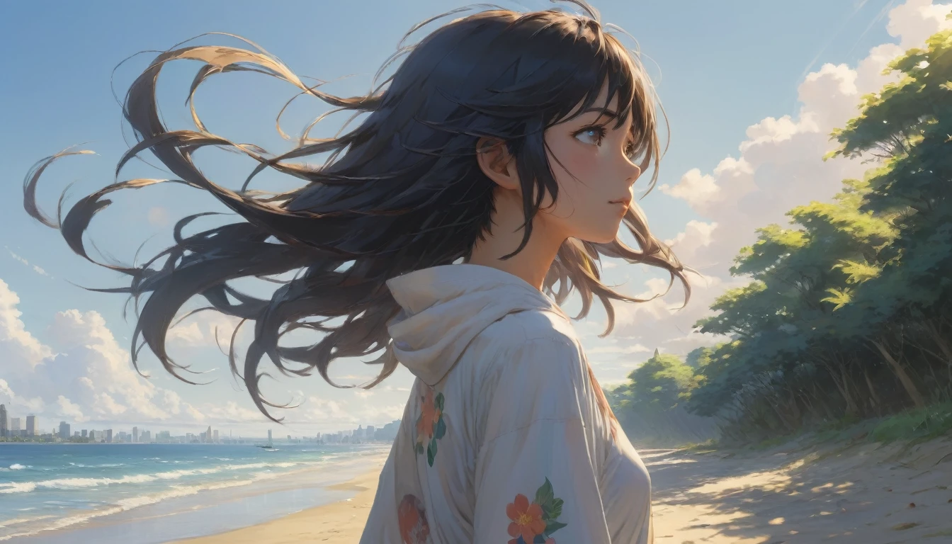 Beach , Anime Realism, The style of Makoto Shinkai and Makoto Niitsu, Highest quality, masterpiece, 8K, Representative works, Official Art, Professional, Super intricate details、Riverside, Anime Realism,、The style of Makoto Shinkai and Makoto Niitsu, Highest quality, masterpiece, 8K, Representative works, Official Art, Professional, Super intricate details, Girl,Long hair swaying in the wind、