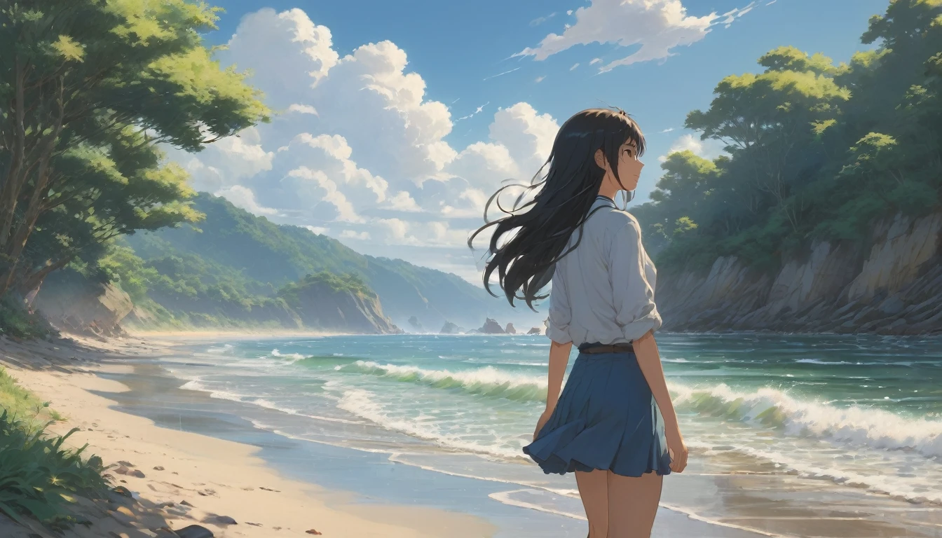 Beach , Anime Realism, The style of Makoto Shinkai and Makoto Niitsu, Highest quality, masterpiece, 8K, Representative works, Official Art, Professional, Super intricate details、Riverside, Anime Realism,、The style of Makoto Shinkai and Makoto Niitsu, Highest quality, masterpiece, 8K, Representative works, Official Art, Professional, Super intricate details, Girl,Long hair swaying in the wind、
