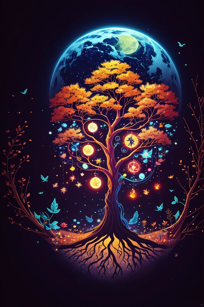 circular tree,four seasons,spring,summer,autumn,winter,leaves,roots,branches,trunk,ornate border,decorative,digital illustration,artwork,movement,time,swirling background,dark background,vibrant colors,natural,life cycle,growth,change,nature,life,peace,harmony,spirituality,symbolism,digital art,illustration,painting,graphic design,art,design,digital media,online art,visual art,fine art,fantasy