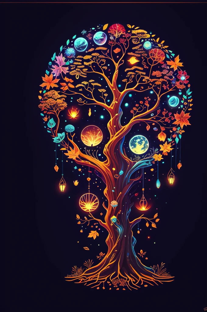 circular tree,four seasons,spring,summer,autumn,winter,leaves,roots,branches,trunk,ornate border,decorative,digital illustration,artwork,movement,time,swirling background,dark background,vibrant colors,natural,life cycle,growth,change,nature,life,peace,harmony,spirituality,symbolism,digital art,illustration,painting,graphic design,art,design,digital media,online art,visual art,fine art,fantasy