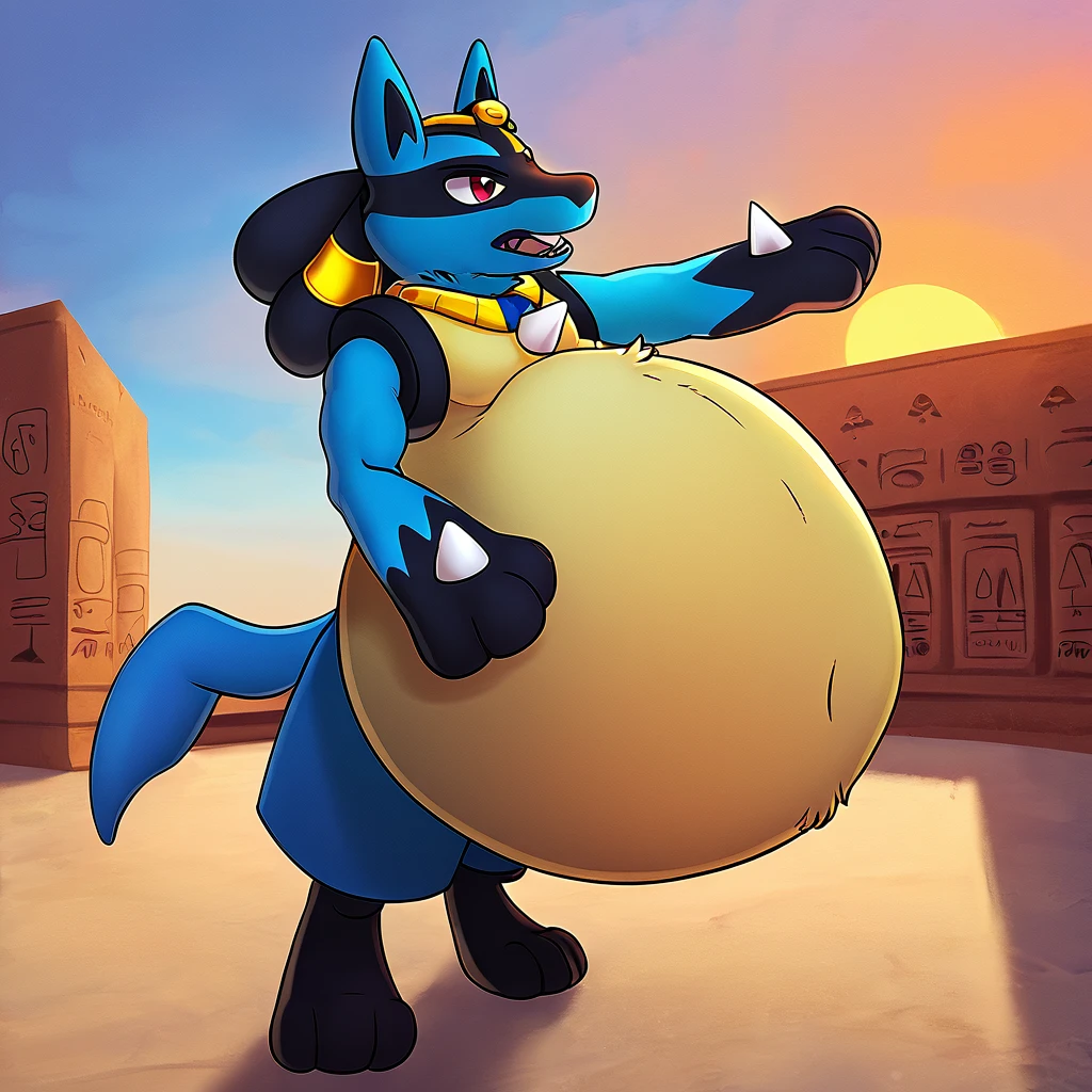score_9_up, solo, male Lucario, anthro, male, pokemon, pokemon \(species\), generation 1 pokemon, dressed like an Egyptian god, prideful stance, ancient egypt, sunset, inflating, hyper belly