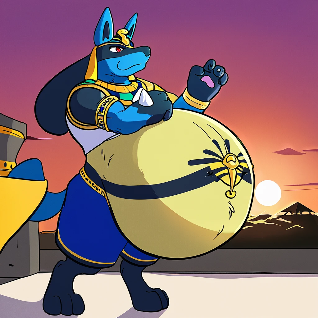 score_9_up, solo, male Lucario, anthro, male, pokemon, pokemon \(species\), generation 1 pokemon, dressed like an Egyptian god, prideful stance, ancient egypt, sunset, inflating, hyper belly