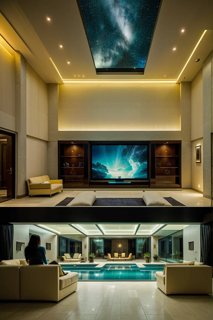 house interior , drawing room scene , ultra detailed fantasy,galaxy design sky visible out side of the window , futuristic alien technology house design, sofhesticated design , luxury design , luxury furniture , big sofa set in the room , big led tv hanging in the wall facing sofa set , rectangular pool behind sofa , greenry outside of the house , large glass window , dim yellow light glowing everywhere in the room , realistic, behance hd, night time , master piece
