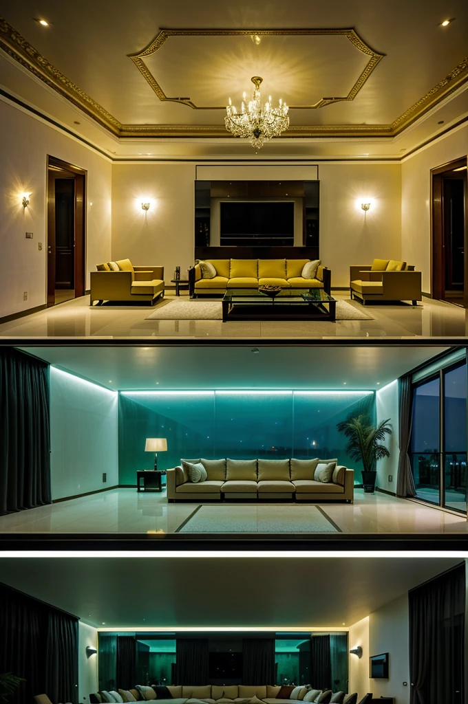 house interior , drawing room scene , ultra detailed fantasy,galaxy design sky visible out side of the window , futuristic alien technology house design, sofhesticated design , luxury design , luxury furniture , big sofa set in the room , big led tv hanging in the wall facing sofa set , rectangular pool behind sofa , greenry outside of the house , large glass window , dim yellow light glowing everywhere in the room , realistic, behance hd, night time , master piece