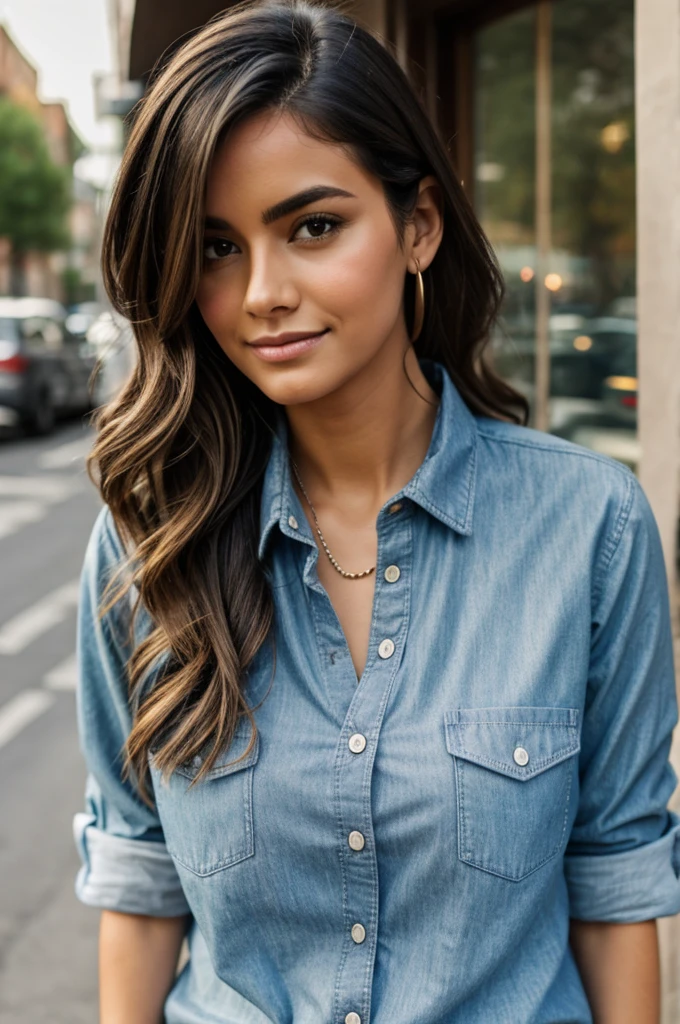 wearing a chambray shirt