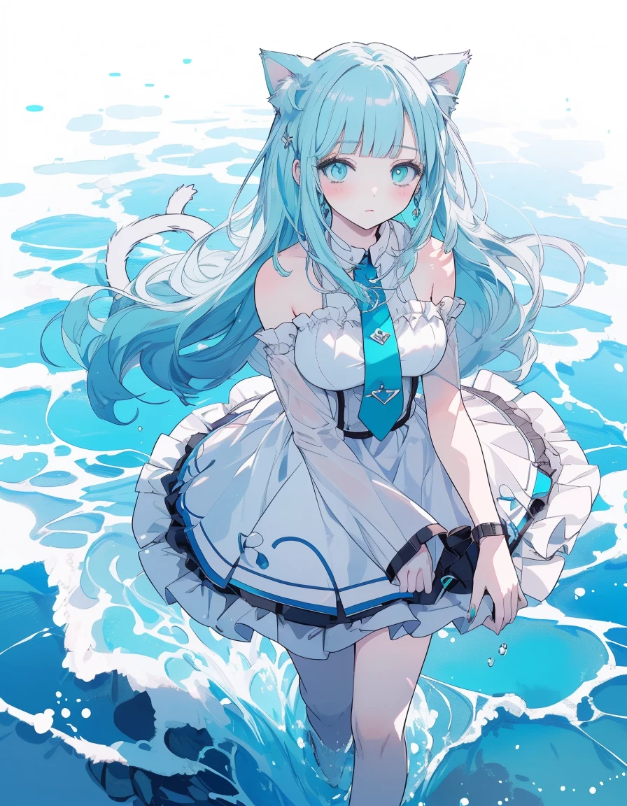 from below, blunt bangs, Walking on a water pathway, ((masterpiece, best quality:1.5)), ((Beautiful detailed cat aqua eyes:1.2)), cat ears, pale skin, medium breasts, beautiful hands, beautiful fingers, EasyNegative