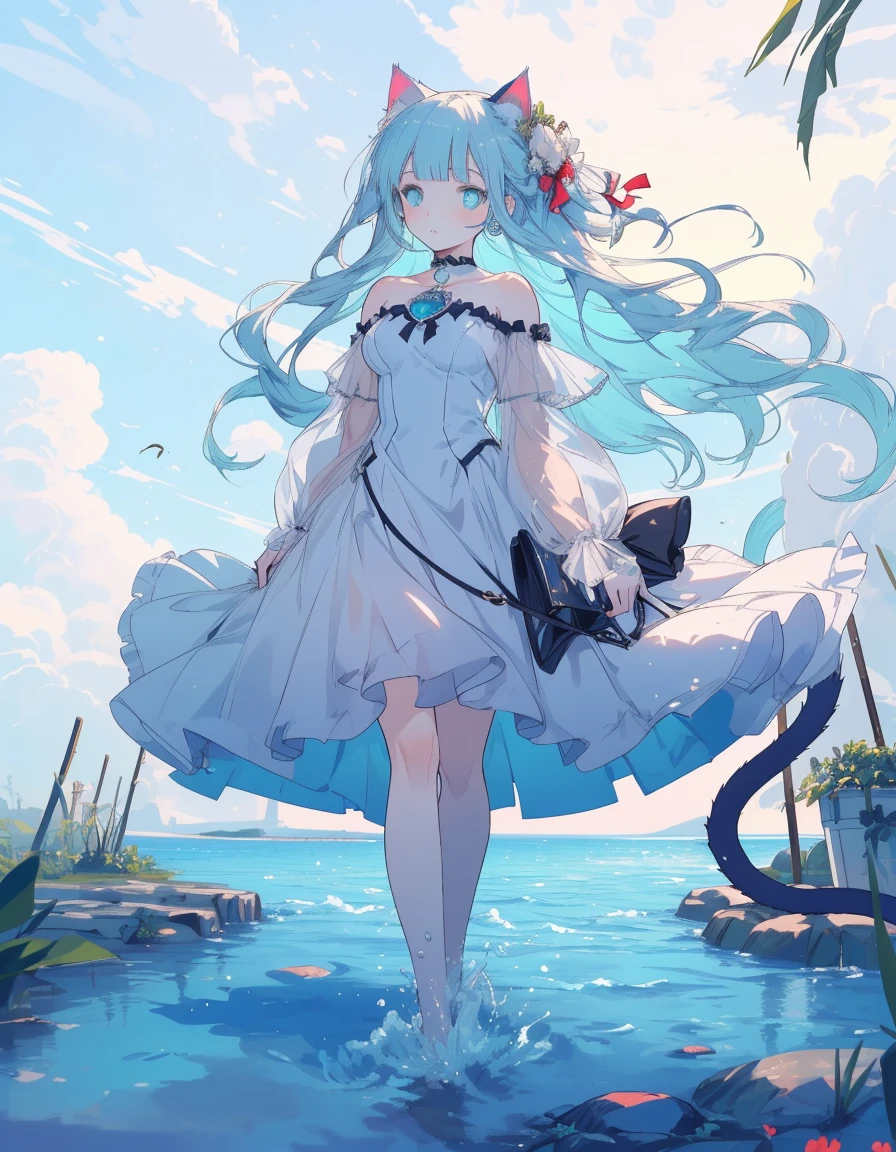 from below, blunt bangs, Walking on a water pathway, ((masterpiece, best quality:1.5)), ((Beautiful detailed cat aqua eyes:1.2)), cat ears, pale skin, medium breasts, beautiful hands, beautiful fingers, EasyNegative