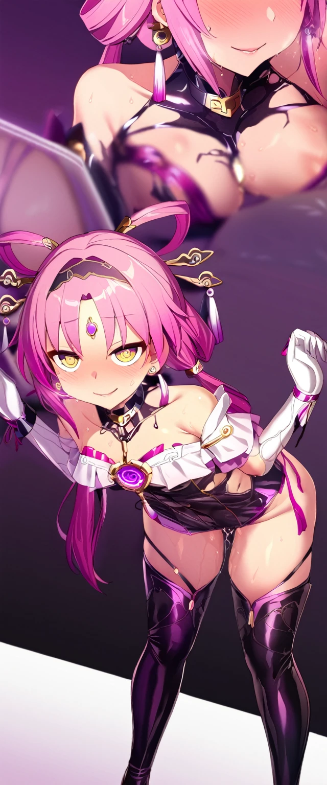 Mature content,masterpiece, best quality, 1girl, hairband, jewelry, bare shoulders, looking at viewer, blush, gloves, smile, collarbone, elbow gloves, necklace, long hair, earrings, solo focus, thighs, thighhighs ,sexy pose,brainwashed,sexual,sexy,crazy smile,corruption,hypnosis,Illustration,wet,liquid,(Satou Kuuki),huge clear eyes, clear and clean background,,fu_xuan_(honkai:_star_rail),pink_hair,(hair_rings),yellow_eyes,long_hair,(hair_ornament),full body,off-shoulder_shirt,,corruption,(small breast),chinese girl, Twin Tails,hair accessories,
