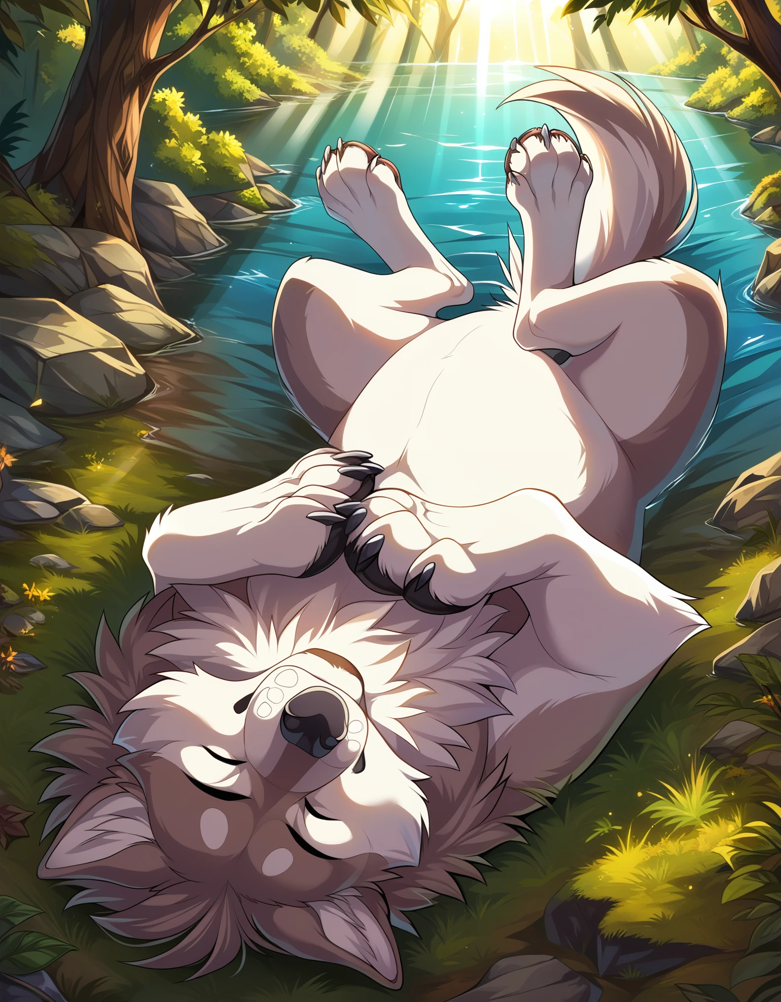 doubletroublexl, fitcher (kabscorner),detailed fur, 1boy, feral, wolf, source_furry, from above, laying on back, playful, solo, two-tone body, forest clearing, light rays, beautiful lighting, aura score_9, score_8_up, score_7_up, score_safe,