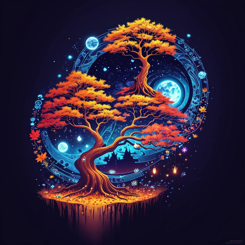 circular tree,four seasons,spring,summer,autumn,winter,leaves,roots,branches,trunk,ornate border,decorative,digital illustration,artwork,movement,time,swirling background,dark background,vibrant colors,natural,life cycle,growth,change,nature,life,peace,harmony,spirituality,symbolism,digital art,illustration,painting,graphic design,art,design,digital media,online art,visual art,fine art,fantasy