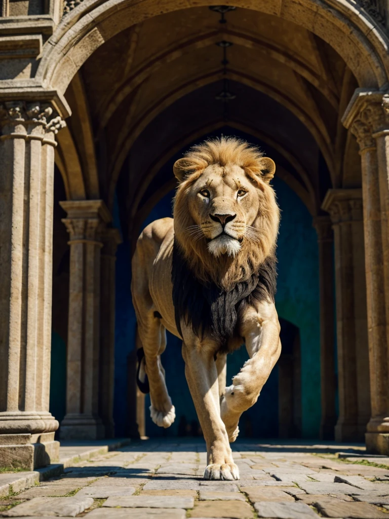 Set in a medieval castle, nearby humans flee from lion, one albino black lion, cool, full body black lion bigger than a house, scene with black lion running, small people fleeing High resolution, sharp focus, (super detailed, highly detailed) Highly detailed CG Unity 8k wallpaper), (((vibrant colors, vibrant theme))), (intricate), (masterpiece), (best quality), art photography, (photo by sldr), (intricate background), perfectly rendered face, perfect facial details, realistic face, photorealistic, ((intricate details)), (((realism))), full body, wide field of view