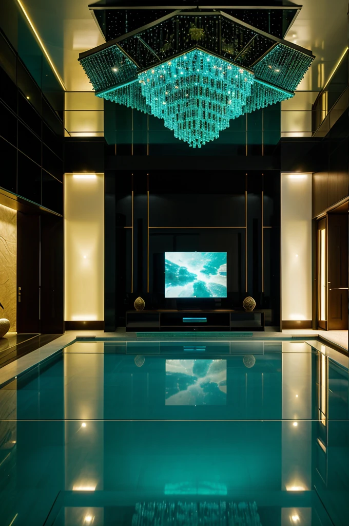 house interior , drawing room scene , ultra detailed fantasy,galaxy design sky visible out side of the window , futuristic alien technology house design, sofhesticated design , luxury design , luxury furniture , big sofa set in the room , big led tv hanging in the wall facing sofa set , rectangular pool behind sofa , greenry outside of the house , large glass window , dim yellow light glowing everywhere in the room , realistic, behance hd, night time , master piece