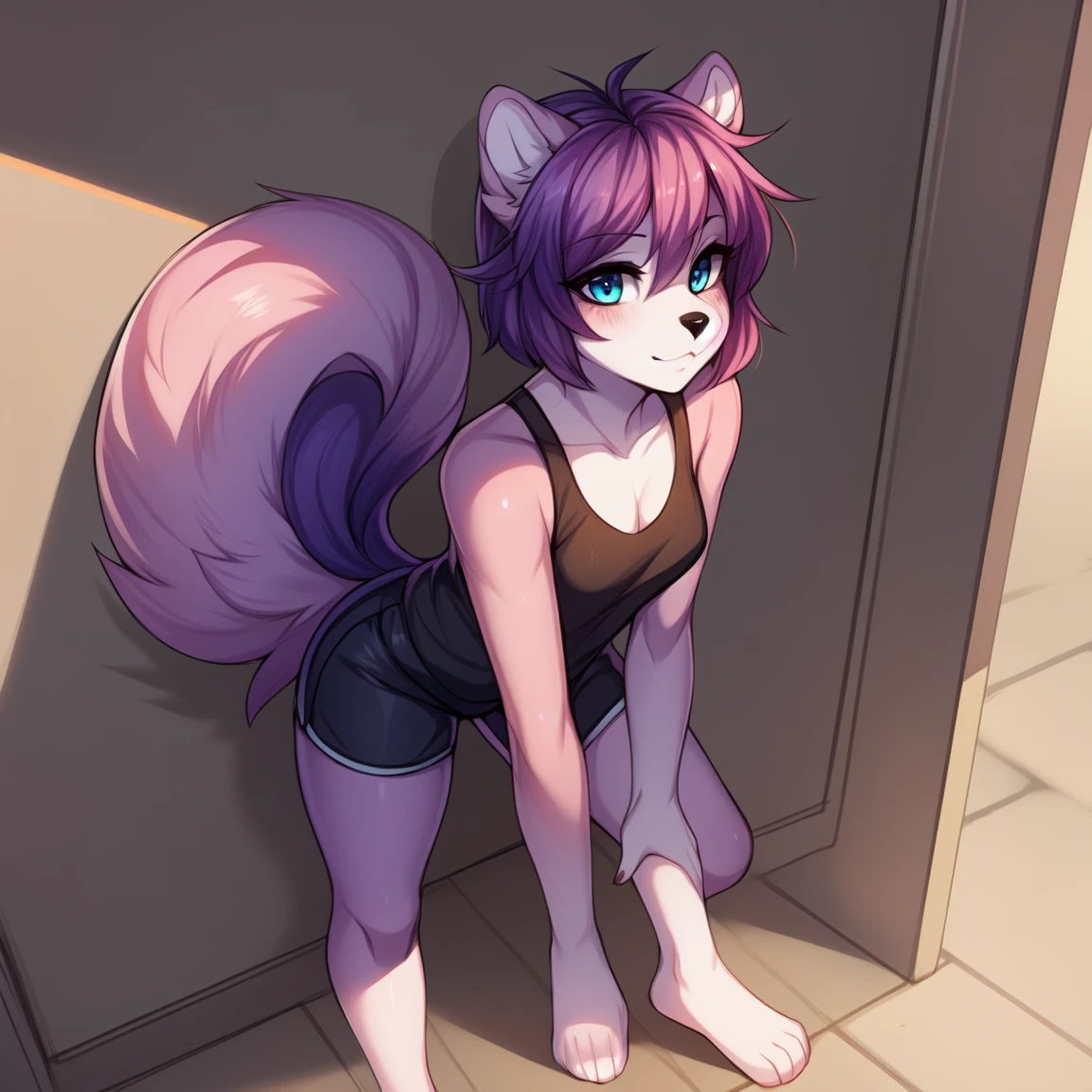 Solo:1.3, by fumiko, by hyattlen, by claweddrip, a purple anthro furry squirrel girl, purple furry body, short violet hair, purple flufffy squirrel ears, cute snout, black nose, blue eyes, wearing black shorts, black tank top, barefoot, 4 toes, no background, no tail, back against a wall, front view, standing