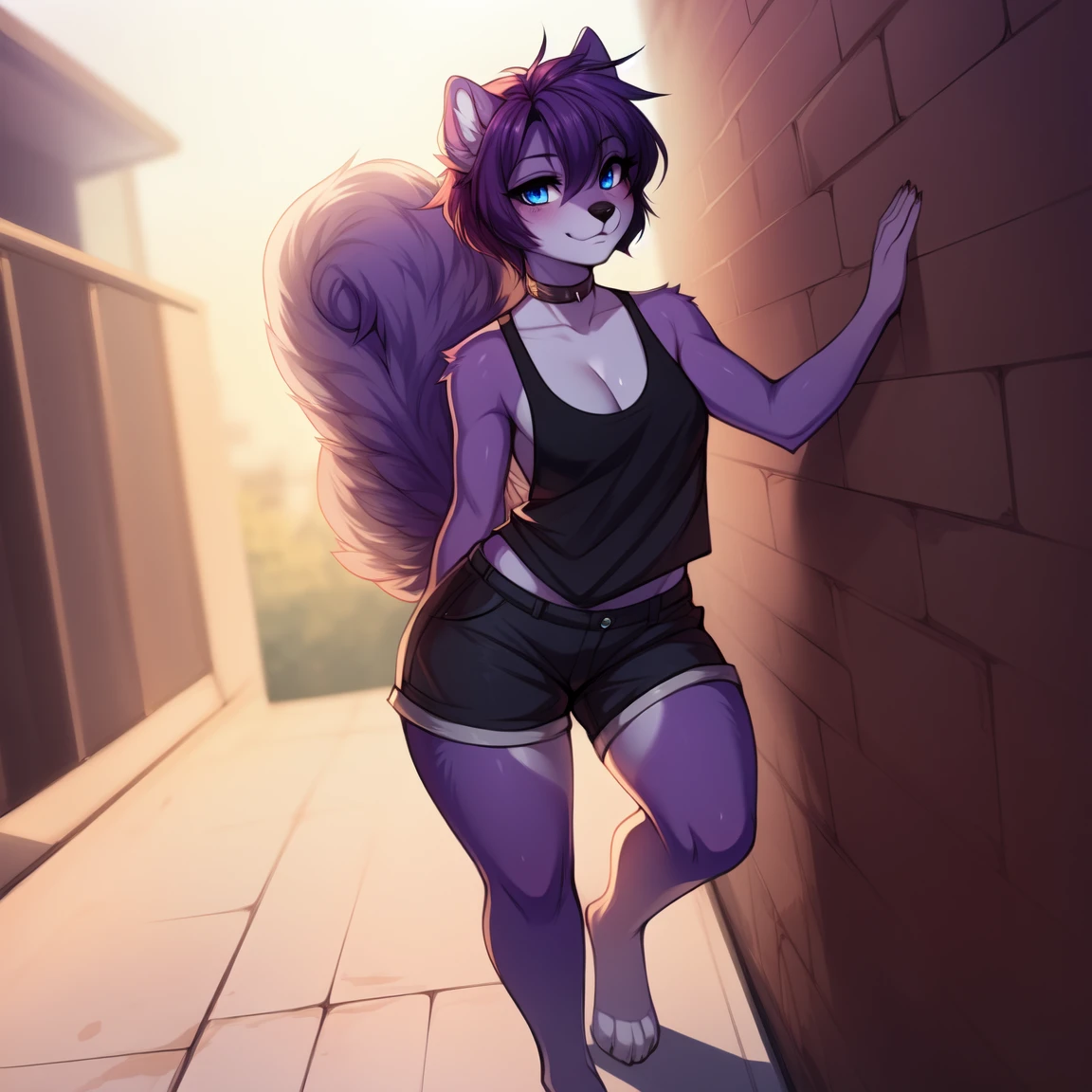 Solo:1.3, by fumiko, by hyattlen, by claweddrip, a purple anthro furry squirrel girl, purple furry body, short violet hair, purple flufffy squirrel ears, cute snout, black nose, blue eyes, wearing black shorts, black tank top, barefoot, 4 toes, no background, no tail, back against a wall, front view, standing