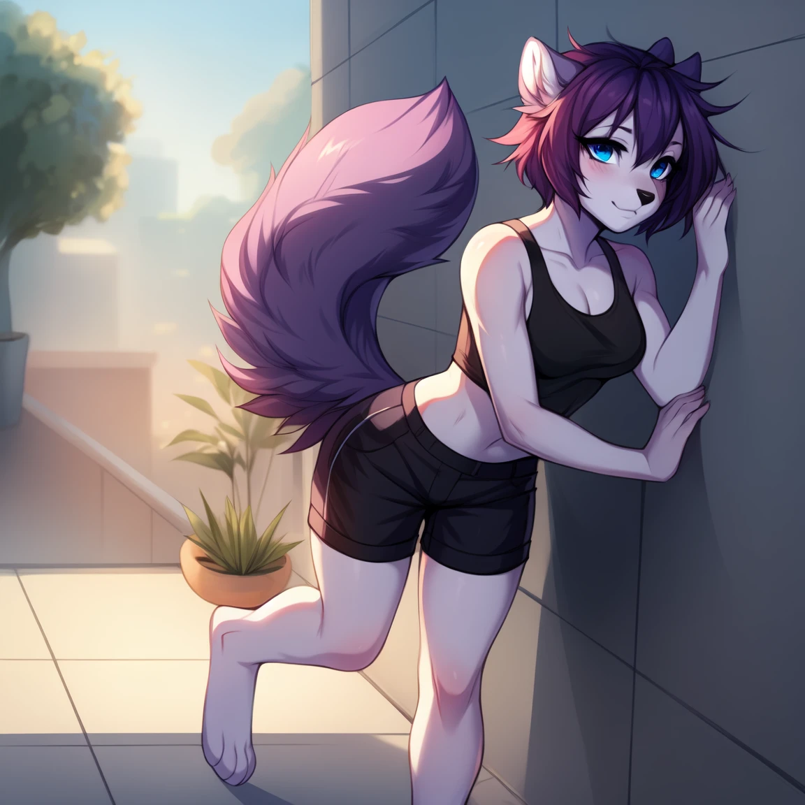 Solo:1.3, by fumiko, by hyattlen, by claweddrip, a purple anthro furry squirrel girl, purple furry body, short violet hair, purple flufffy squirrel ears, cute snout, black nose, blue eyes, wearing black shorts, black tank top, barefoot, 4 toes, no background, no tail, back against a wall, front view, standing