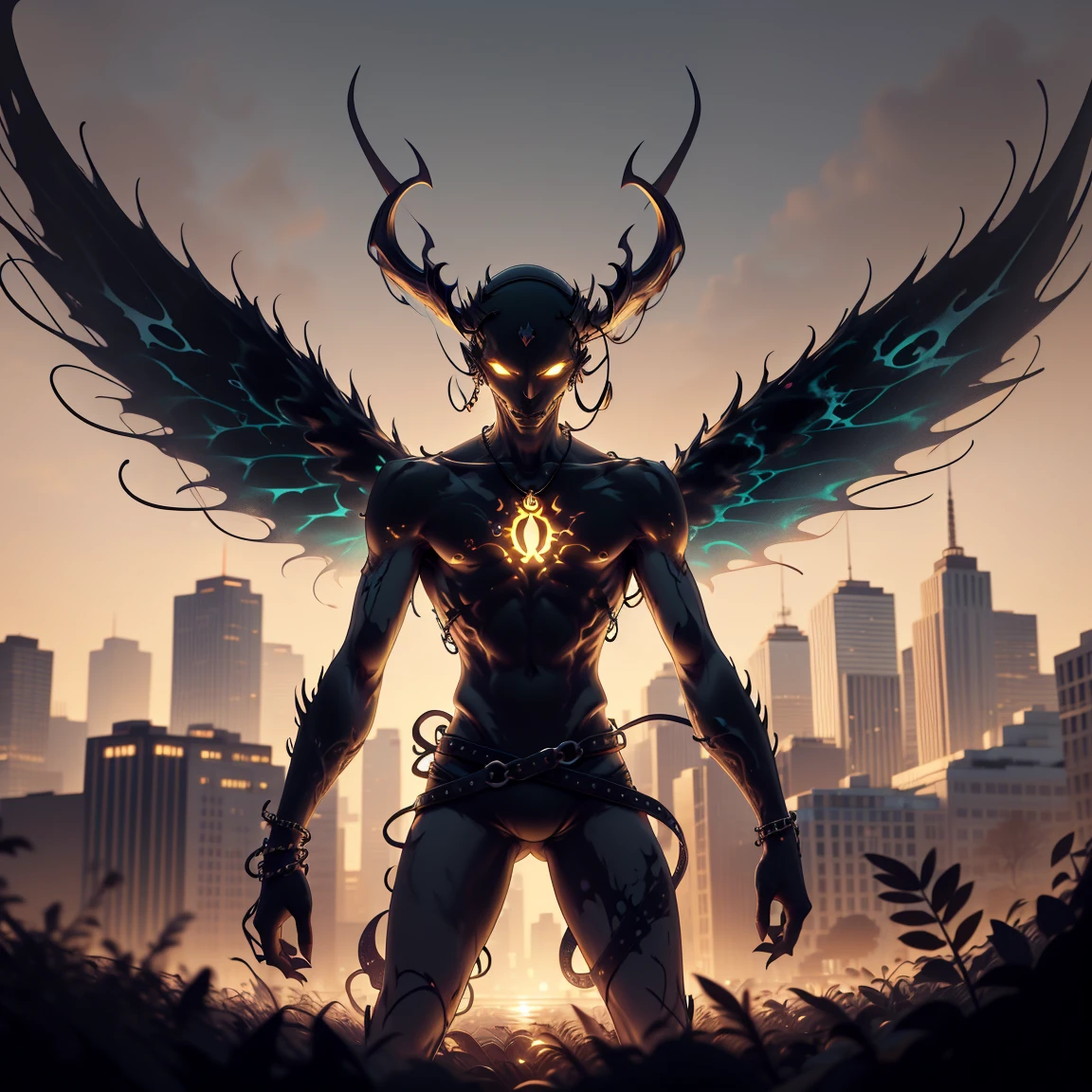 DEMON, skullhead, a scary angel with wings, the demon has a necklace of small skulls connected to his neck, black sold backround, vector illustration