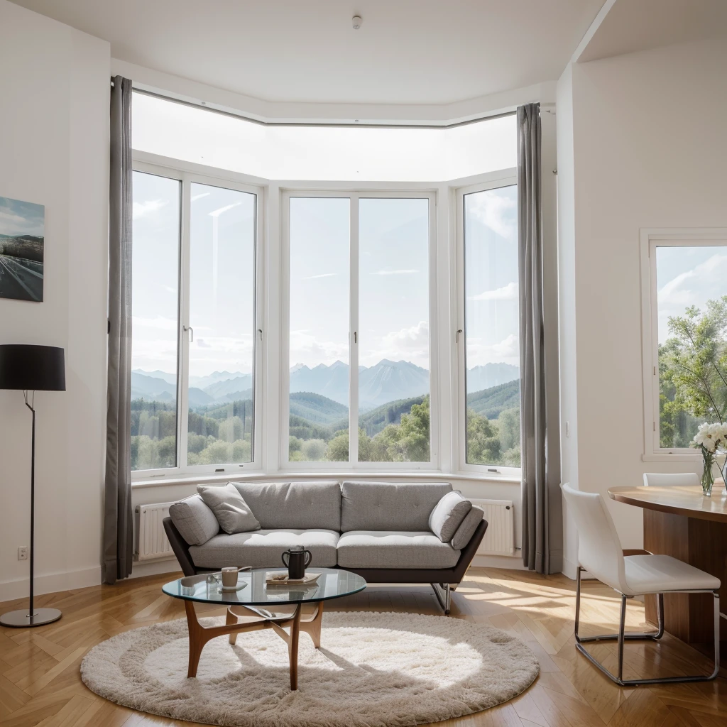 living room, ultra-modern design, minimalism, in black and white gray colors, maximally detailed, Highest resolution, exemplary masterpiece. Design technology - built-in furniture, no free-standing cabinet furniture, all cabinets are walls. In the center of the room is an ultra-modern soft complex made of environmental materials consisting of a three-seater sofa , two-seater sofa, pairs of chairs, everything in the same style and design, stand in a semicircle, in the center of which there is a glass table with a modern coffee service. Freshly brewed coffee poured into cups. Against the soft composite wall-TV, where there is a program about living wildlife. The room has two windows with low wide window sills, on which lie soft mattresses, window sills are used as additional places for sitting and relaxing. At the end of the evening, beautiful sunset. Mountains and forest in the distance, there is a river in front of them.