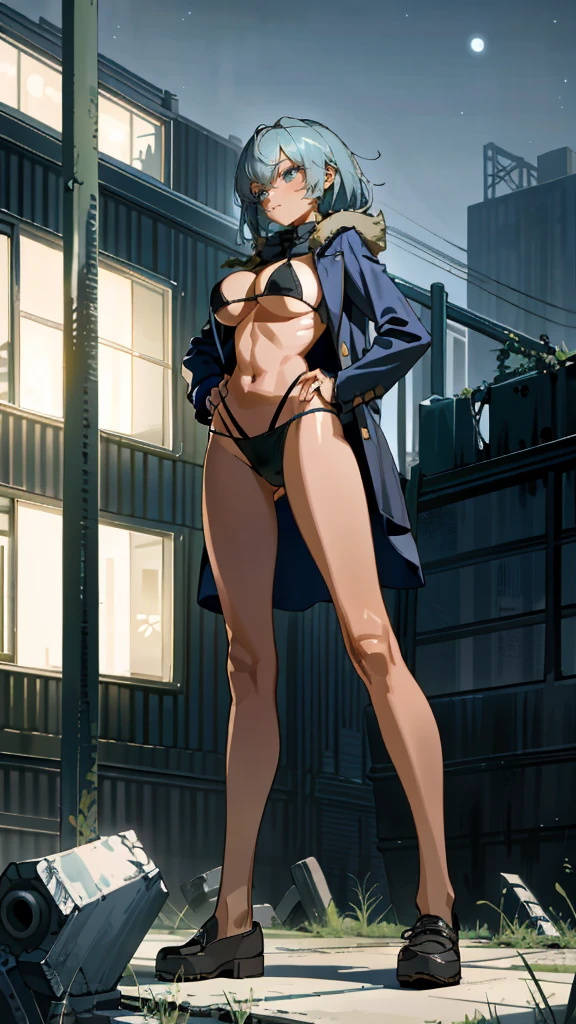 Masterpiece, best quality, Masterpiece, best quality, 1 woman , blue eyes , Blue Bob , coat , sly face , cold , black bikini , abdomen, big breasts , Long legs , canvas shoes , Put your hands on your hips.. , abandoned factory , at night