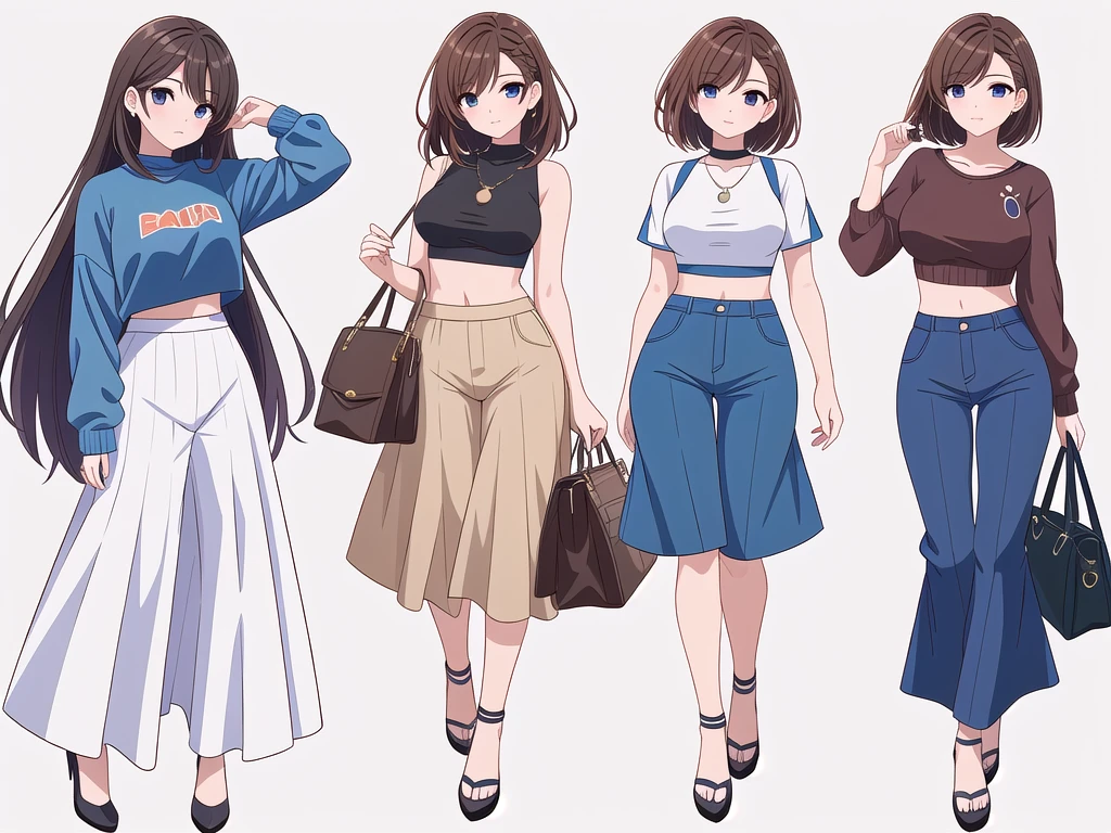 (((Best Quality))) , ((full body)), 4 lady, adult woman, multiple views, (((white background,))) variety of hairstyles, variety of fashion styles, seductive pose, fashionable and trendy atmosphere, holding bag, walk pose, dark blue/dark orange/dark green/dark violet/brown/white, short pants, crop top, k-pop,