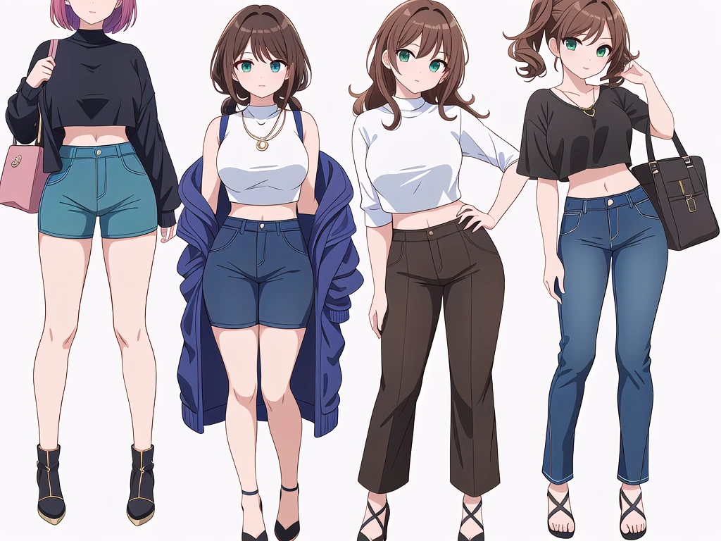 (((Best Quality))) , ((full body)), 4 lady, woman, multiple views, (((white background,))) variety of hairstyles, variety of fashion styles, seductive pose, fashionable and trendy atmosphere, holding bag, walk pose, dark blue/dark orange/dark green/dark violet/brown/white, short pants, crop top, k-pop,