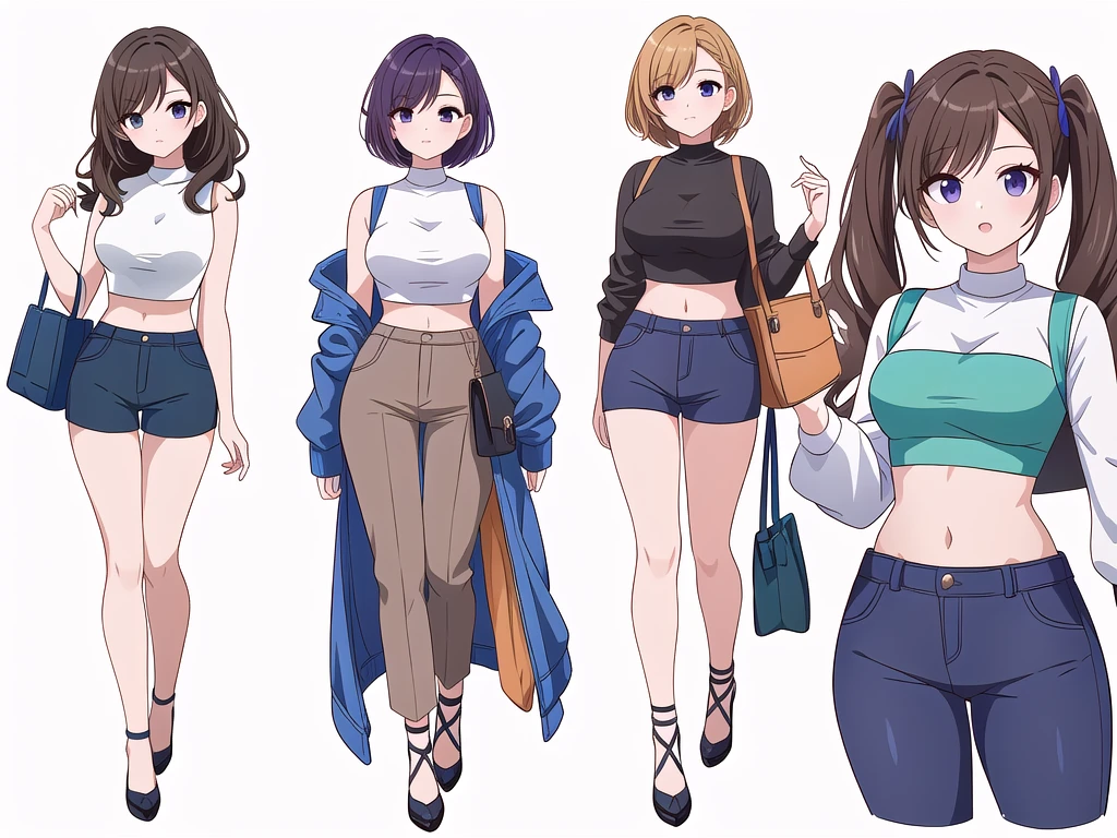 (((Best Quality))) , ((full body)), 4 lady, adult woman, multiple views, (((white background,))) variety of hairstyles, variety of fashion styles, seductive pose, fashionable and trendy atmosphere, holding bag, walk pose, dark blue/dark orange/dark green/dark violet/brown/white, short pants, crop top, k-pop,