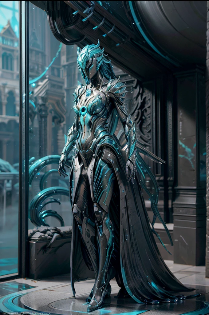 futuristic, Warframe, character design, water-inspired, fluid, sleek, metallic, aquamarine color scheme, rippling textures, biomechanical elements, glowing accents, intricate details, dynamic pose, underwater environment, bubbles, reflections, high-tech, cybernetic, agile, powerful, energy effects, hydrodynamic, ethereal, otherworldly, advanced technology