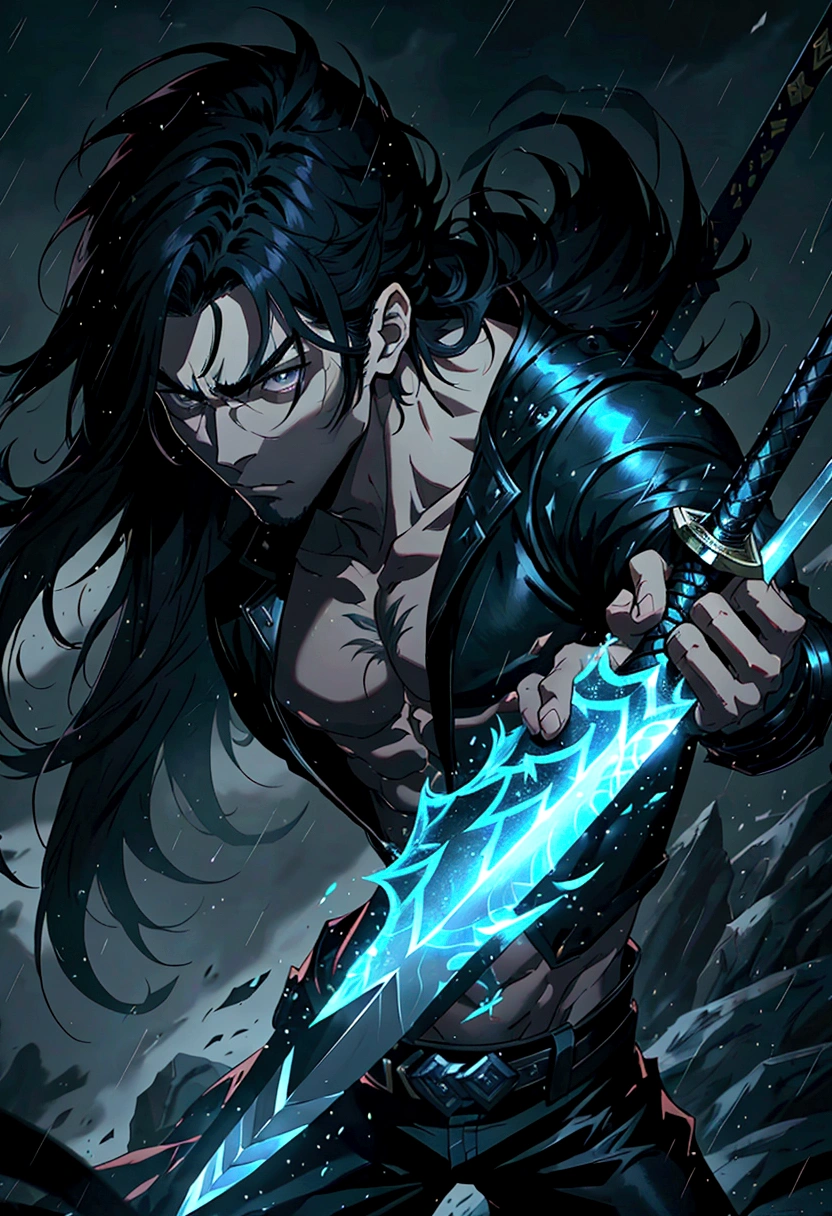 League of Legends Yasso characters, Handsome and delicate face, Armed with a sword, Yasuo uses his sword to blow the wind, Scene in rainy sky, Gray, Ultra-high resolution, 8k. Long flowing black hair, Handsome and stylish, Only a sharp sword,Right hand holding sword,There is only one sword outside