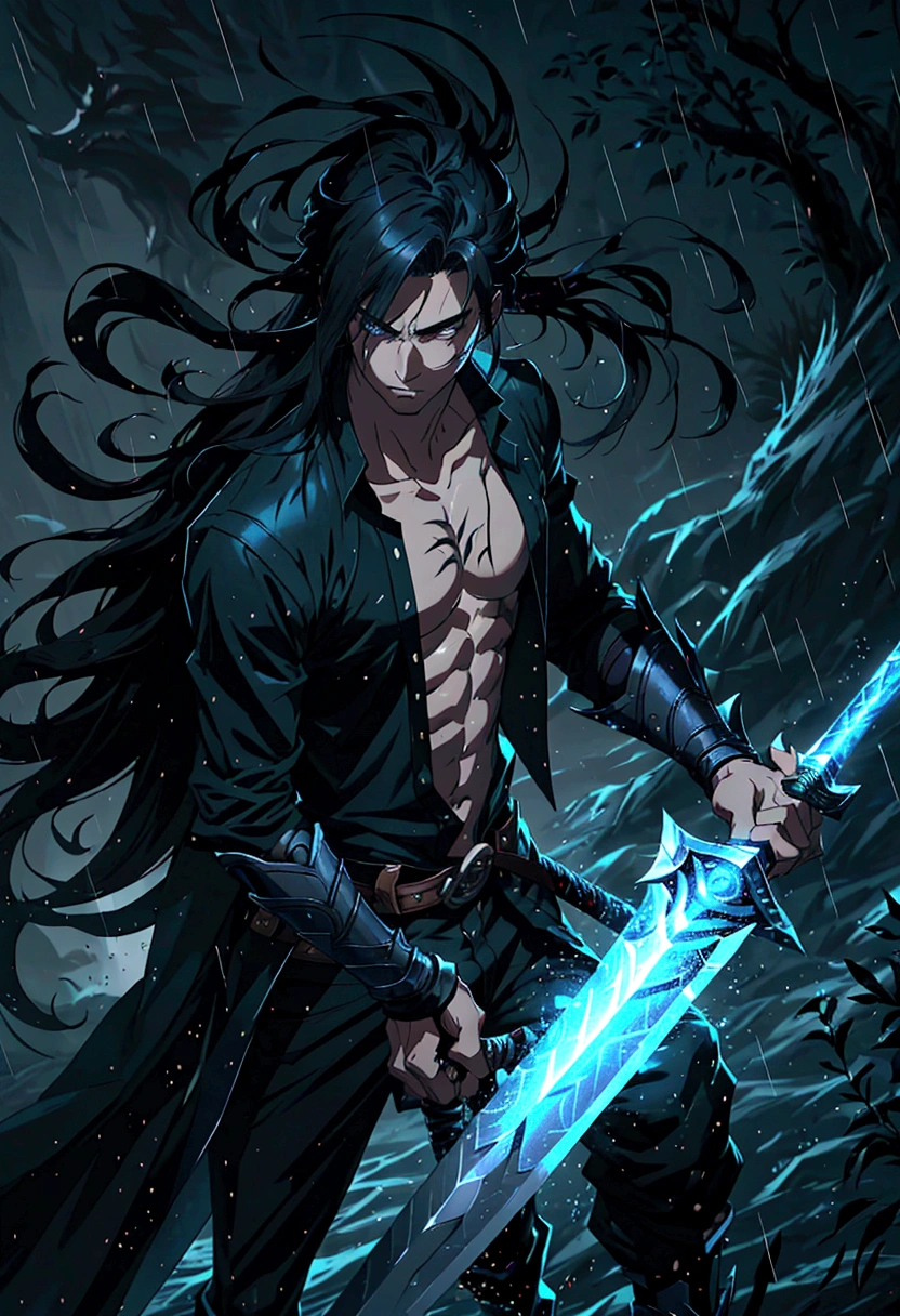 League of Legends Yasso characters, Handsome and delicate face, Armed with a sword, Yasuo uses his sword to blow the wind, Scene in rainy sky, Gray, Ultra-high resolution, 8k. Long flowing black hair, Handsome and stylish, Only a sharp sword,Right hand holding sword,There is only one sword outside