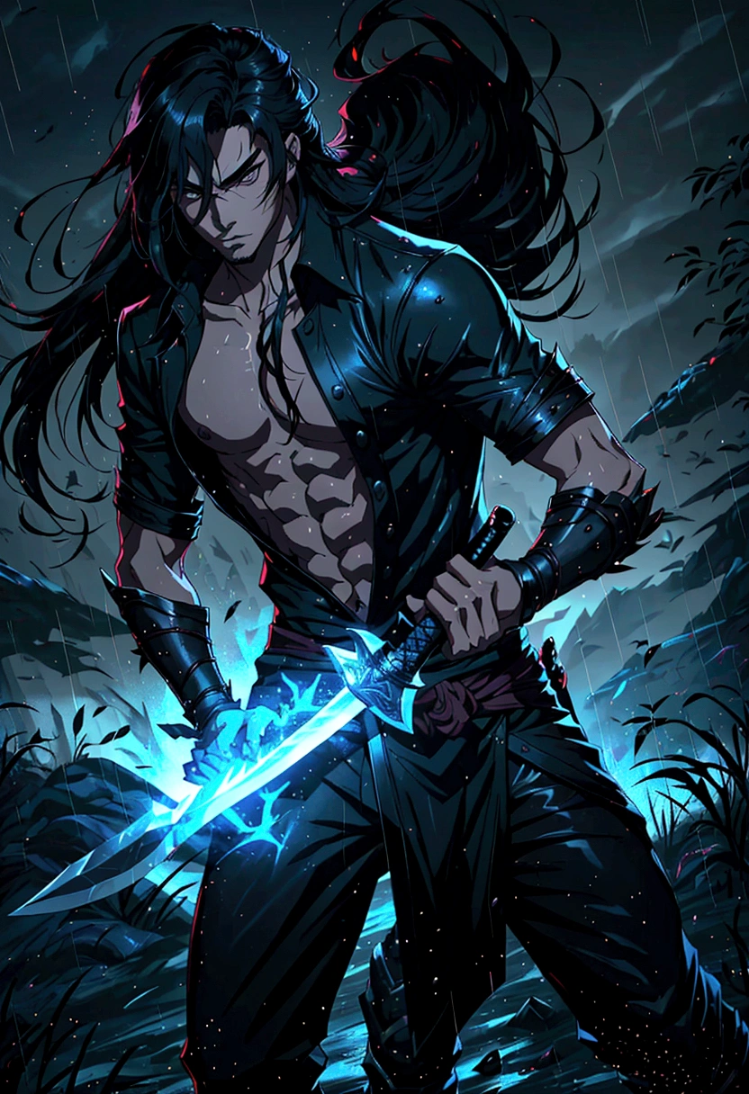 League of Legends Yasso characters, Handsome and delicate face, Armed with a sword, Yasuo uses his sword to blow the wind, Scene in rainy sky, Gray, Ultra-high resolution, 8k. Long flowing black hair, Handsome and stylish, Only a sharp sword,Right hand holding sword,There is only one sword outside