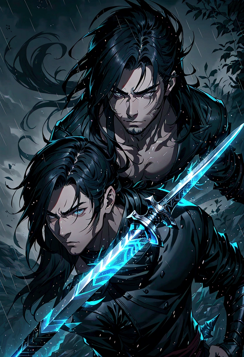 League of Legends Yasso characters, Handsome and delicate face, Armed with a sword, Yasuo uses his sword to blow the wind, Scene in rainy sky, Gray, Ultra-high resolution, 8k. Long flowing black hair, Handsome and stylish, Only a sharp sword,Right hand holding sword,There is only one sword outside