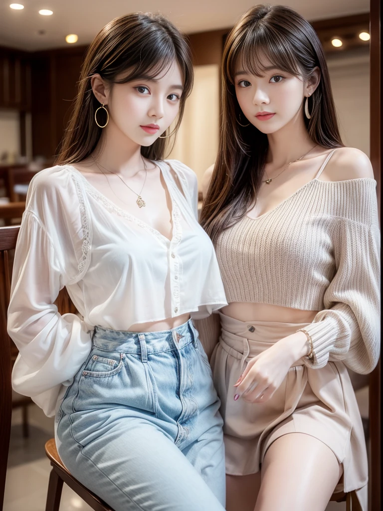 practicalphotography,22 years old,portrait,full Body,Korean,(Mature:1.3),2 girl,beautiful girl,arrogant,Sitting in a large classroom chair,(necklace、earrings、bracelet:1.1),(Environmental details:1.3),(Original image、CG Unity、photography、Ultra-practical details、Clear focus、Delicate skin、4K、high resolution、masterpiece、Best quality、practical、Energetic:1.2),(8K、4K、Ultra-high quality、high resolution、major、ish、dramatic),Detailed home background