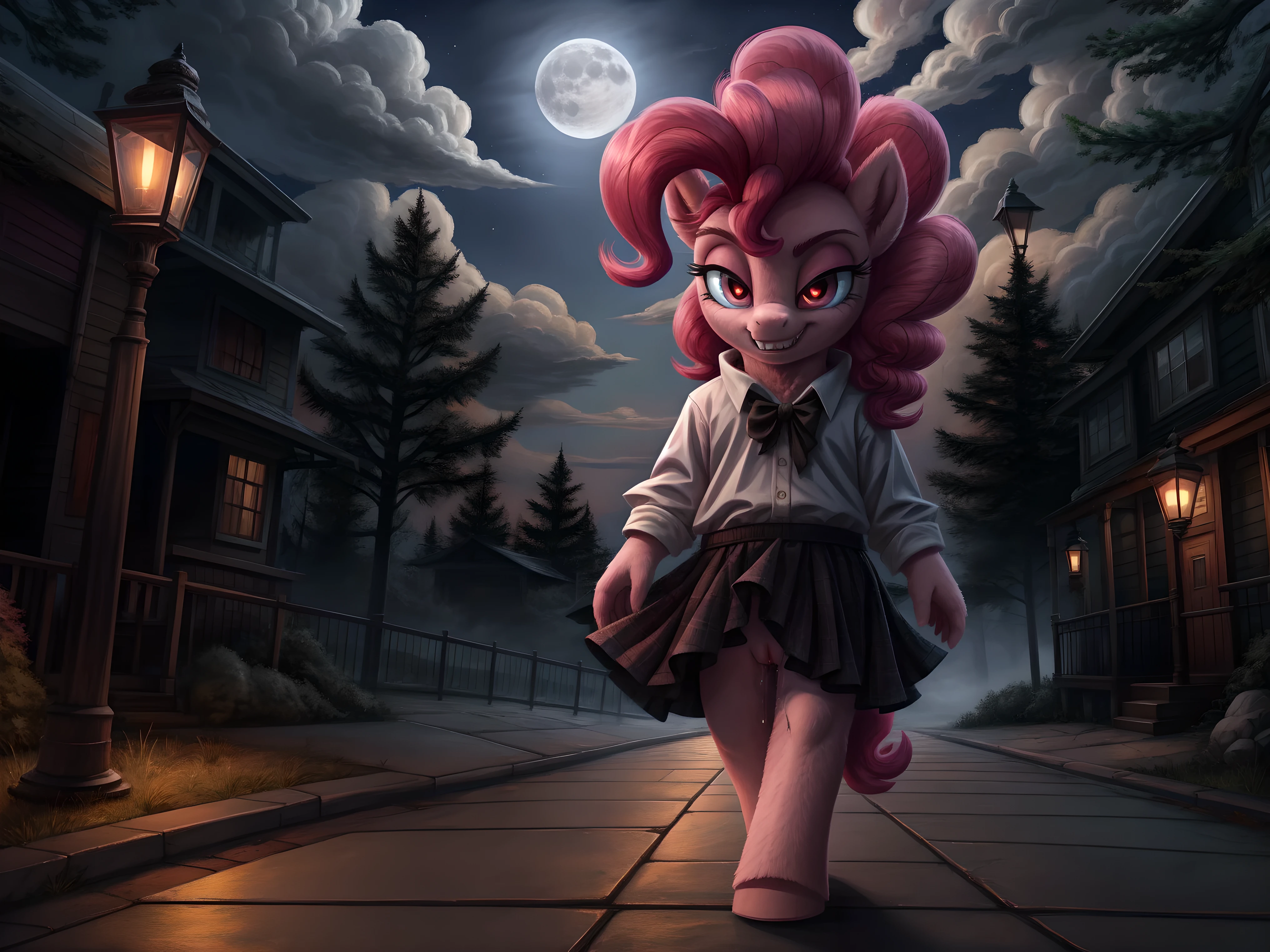 Pinkie pie, pony, walking,  skirt, pussy, pussy juice, vampire teeth, red eyes, glowing eyes, looking at the viewer, smirk, seductive,  in the forest, in public, evening, street lamps, fog, moon, clouds