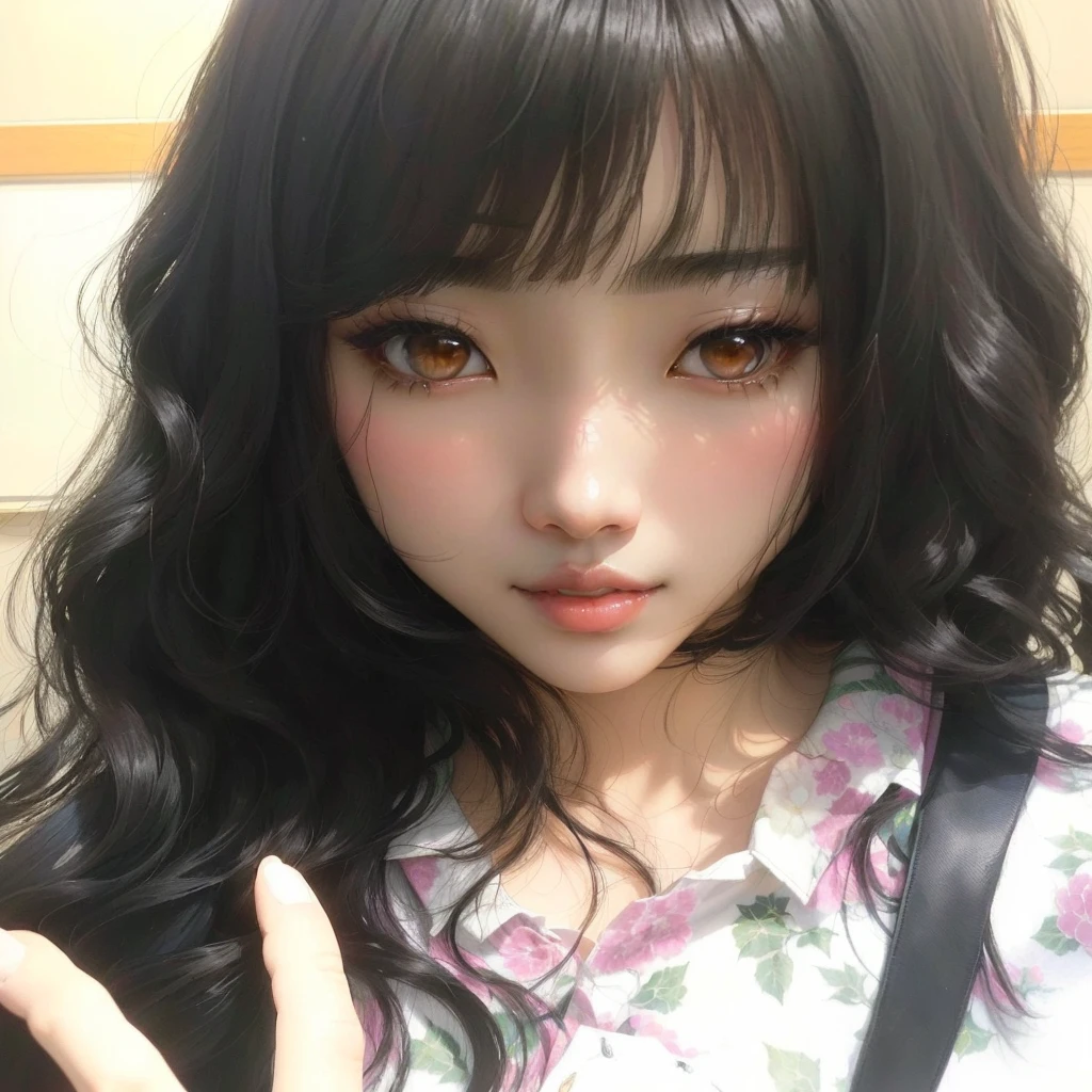 arafed asian woman with long black hair and a flowered shirt, chiho, Ayami Kojima Amano, Yoshitomo Nara, motto hole, ulzzang, Yui Kotegawa, black hair, pink lips, angelic appearance, jennie blackpink.