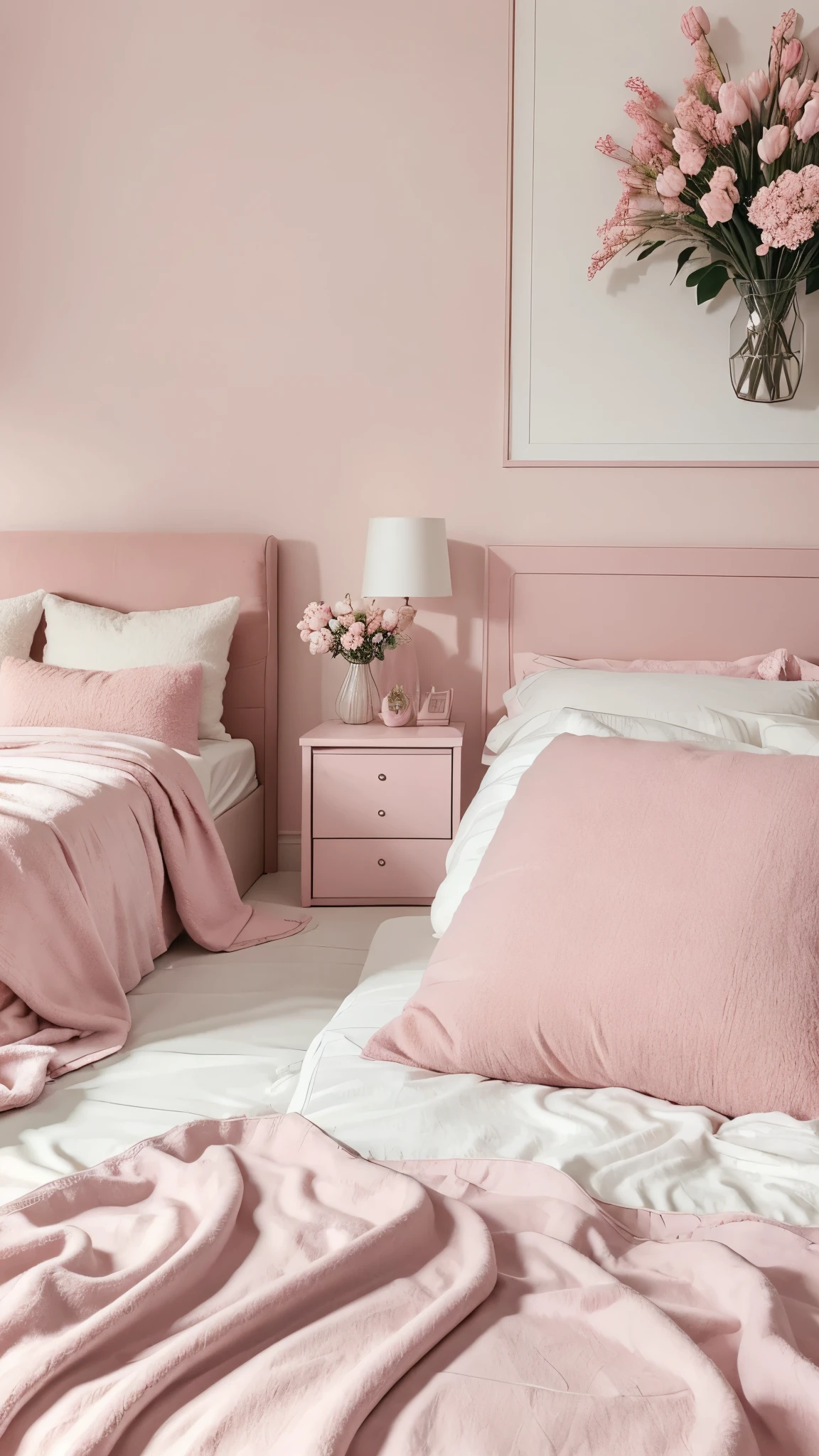Capture the essence of soft pink aesthetics with a mood board featuring four harmonious images.A close-up of dusty pink cozy aesthetic room exuding warmth and comfort.A fresh bouquet of delicate pink tulips wrapped in clear cellophane, held outdoors on a sunny day, evoking a senseof illustrating a trendy and casual look.A cozy bedroom scene with a plush pink cat pillow on a neatly made bed, complemented by a pot of pink flowers on a bedside table, creating an inviting and serene atmosphere.Describe the mood, colors, and textures that tie these images together, emphasizing the soft, pastel pink theme that brings a sense of calm and sweetness to each scene."