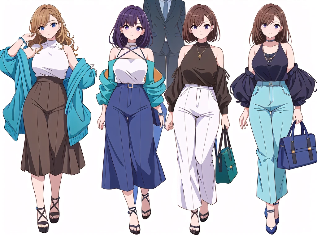 (((Best Quality))) , ((full body)), 4 lady, adult woman, multiple views, (((white background,))) variety of hairstyles, variety of fashion styles, seductive pose, fashionable and trendy atmosphere, holding bag, walk pose, dark blue/dark orange/dark green/dark violet/brown/white, short pants, bare shoulder,