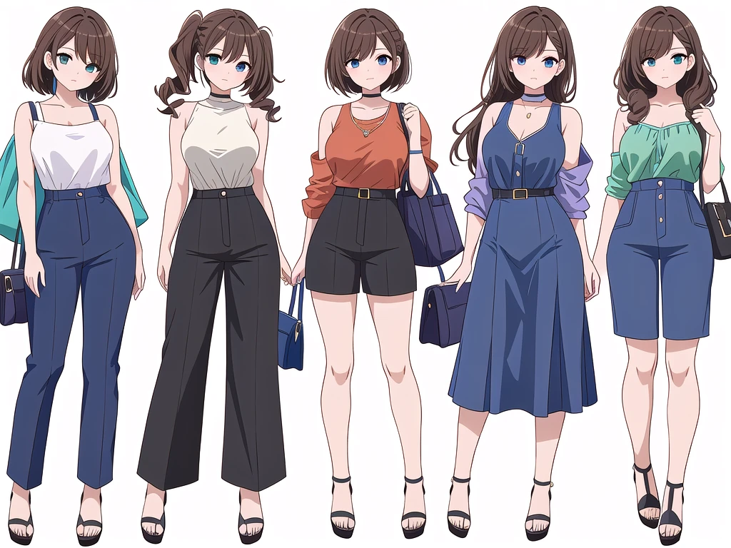 (((Best Quality))) , ((full body)), 4 lady, adult woman, multiple views, (((white background,))) variety of hairstyles, variety of fashion styles, seductive pose, fashionable and trendy atmosphere, holding bag, walk pose, dark blue/dark orange/dark green/dark violet/brown/white, short pants, bare shoulder,