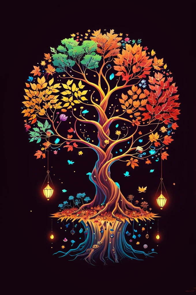 circular tree,four seasons,spring,summer,autumn,winter,leaves,roots,branches,trunk,ornate border,decorative,digital illustration,artwork,movement,time,swirling background,dark background,vibrant colors,natural,life cycle,growth,change,nature,life,peace,harmony,spirituality,symbolism,digital art,illustration,painting,graphic design,art,design,digital media,online art,visual art,fine art,fantasy,no background
