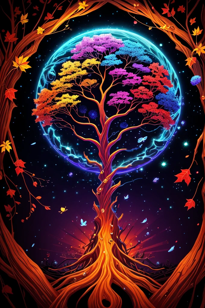 circular tree,four seasons,spring,summer,autumn,winter,leaves,roots,branches,trunk,ornate border,decorative,digital illustration,artwork,movement,time,swirling background,dark background,vibrant colors,natural,life cycle,growth,change,nature,life,peace,harmony,spirituality,symbolism,digital art,illustration,painting,graphic design,art,design,digital media,online art,visual art,fine art,fantasy,no background