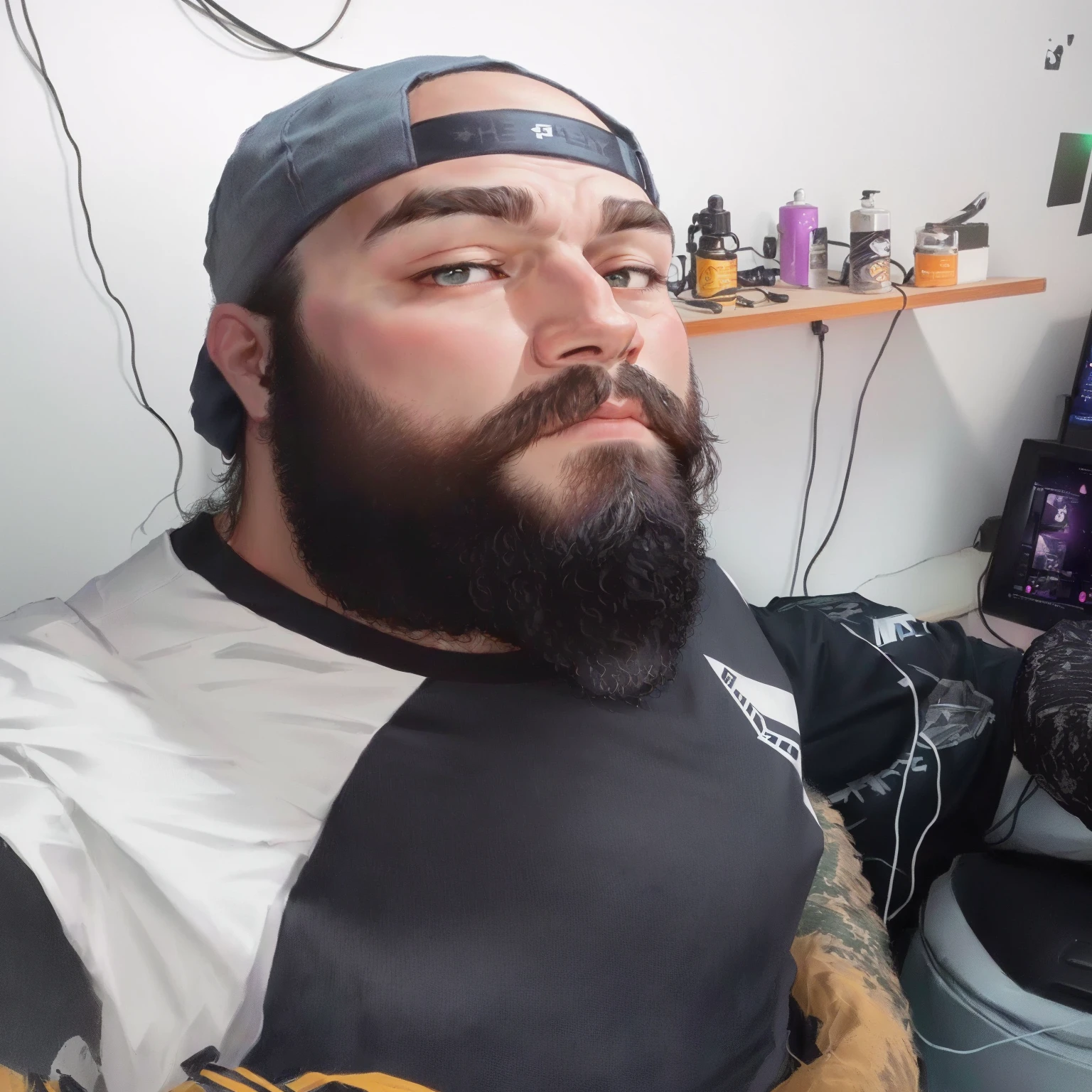 there is a man with a beard and a baseball cap sitting in front of a computer, Serpentina do Twitch / gamer ludwig, neck beard, very low quality image, full beard, Serpentina do Twitch, 8k selfie photograph, profile photo 1024px, low quality photo, thick, with a full black beard, reddit post, Thick beard